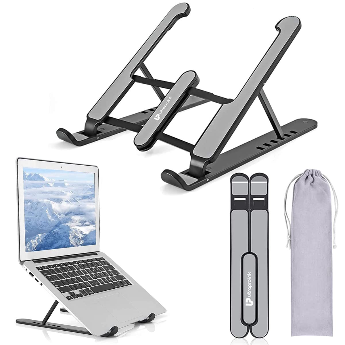 ULTRAPROLINK UM1083 Foldable Laptop Stand Riser | Black | 6 Level Height & Angle Adjustment | 2X Stronger M-Shape Aluminium Structure | Air Ventilation Design for Cooling | Anti-Slip Silicon Lining