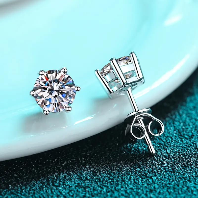 Image of 925 Sterling Silver Stud Moissanite Earrings, 0.6-2ct DF Color Brilliant Round Cut Friction Back for Women & Men, 18K White Gold Plated GRA certified