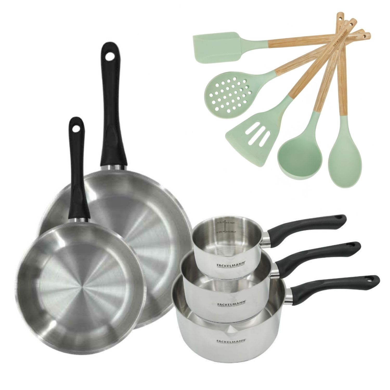 Fackelmann Batterie cuisine 5 pieces 12-28 cm + 5 ustensiles | Lot complet pour équiper la cuisson, 2 poêles et 3 casseroles, Inox et RPET, 24 28 12 16 20 cm, Induction vitrocéramique gaz