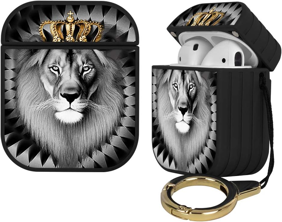 Compatible with Airpods 1&2 Magnetic Closure Full Body Protective Hard Plastic Airpods Case Lion Design Wireless Charging Black Cover with Ring Key-Chain