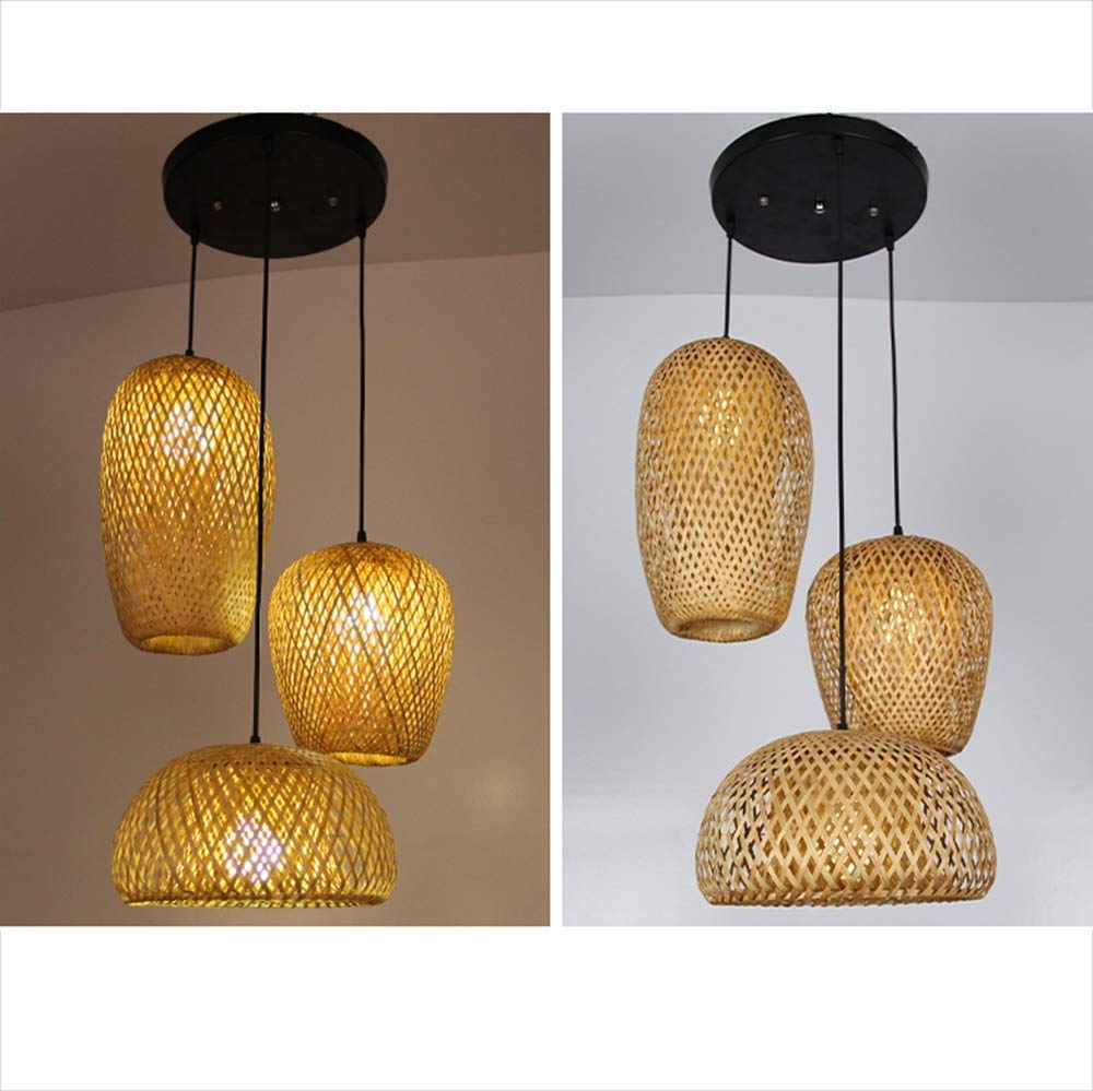 Main En Bambou Naturel Lustre Tissage Vintage Luminaire Suspendu Rotin Tissé Créations De Fées Créatives Réglable E27 Lumiere Plafond Restaurant Salon Chambre Rétro Vague Suspensions Lamp (3 heads)