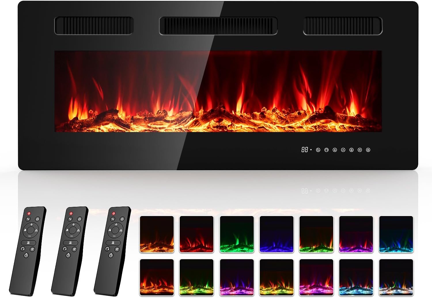 Electric Fireplace 40 Inch with 3 Remotes, Recessed or Wall Mounted Electric Fireplace Insert with 15 Flame Colors & 6 Adjustable Speeds, 1500/750W Linear Fireplace Heater, 12H Timer, Log & Crystal