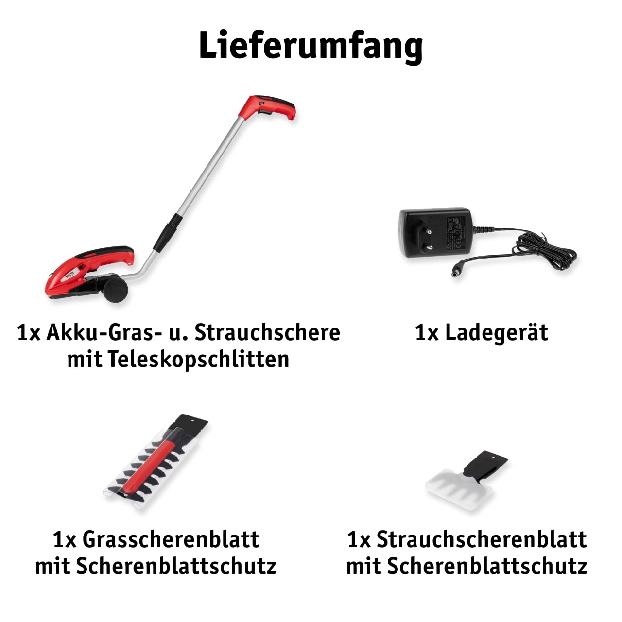 WALTER Akku-Gras- und Strauchschere 7,2 V Li-Ion - Flexibles 2-in-1 Gerät, LED-Ladestandsanzeige, Austauschbare Schnittmesser, Kabelloses Arbeiten, Einfache Handhabung, Inkl. Teleskopschlitten