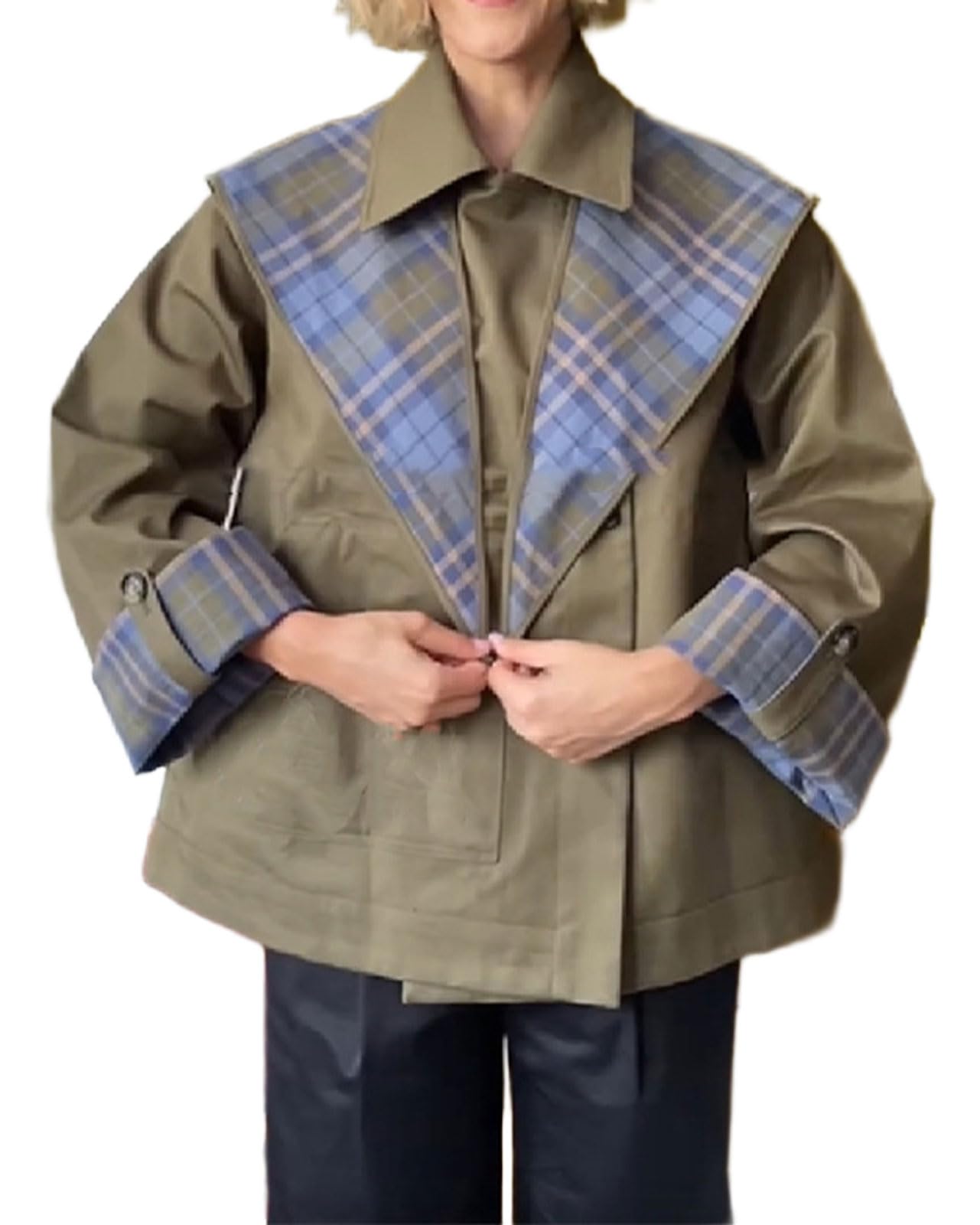 Gabardinas cortas para mujer, cuello de muesca de otoño, chaqueta de gran tamaño reversible a cuadros, con bolsillos