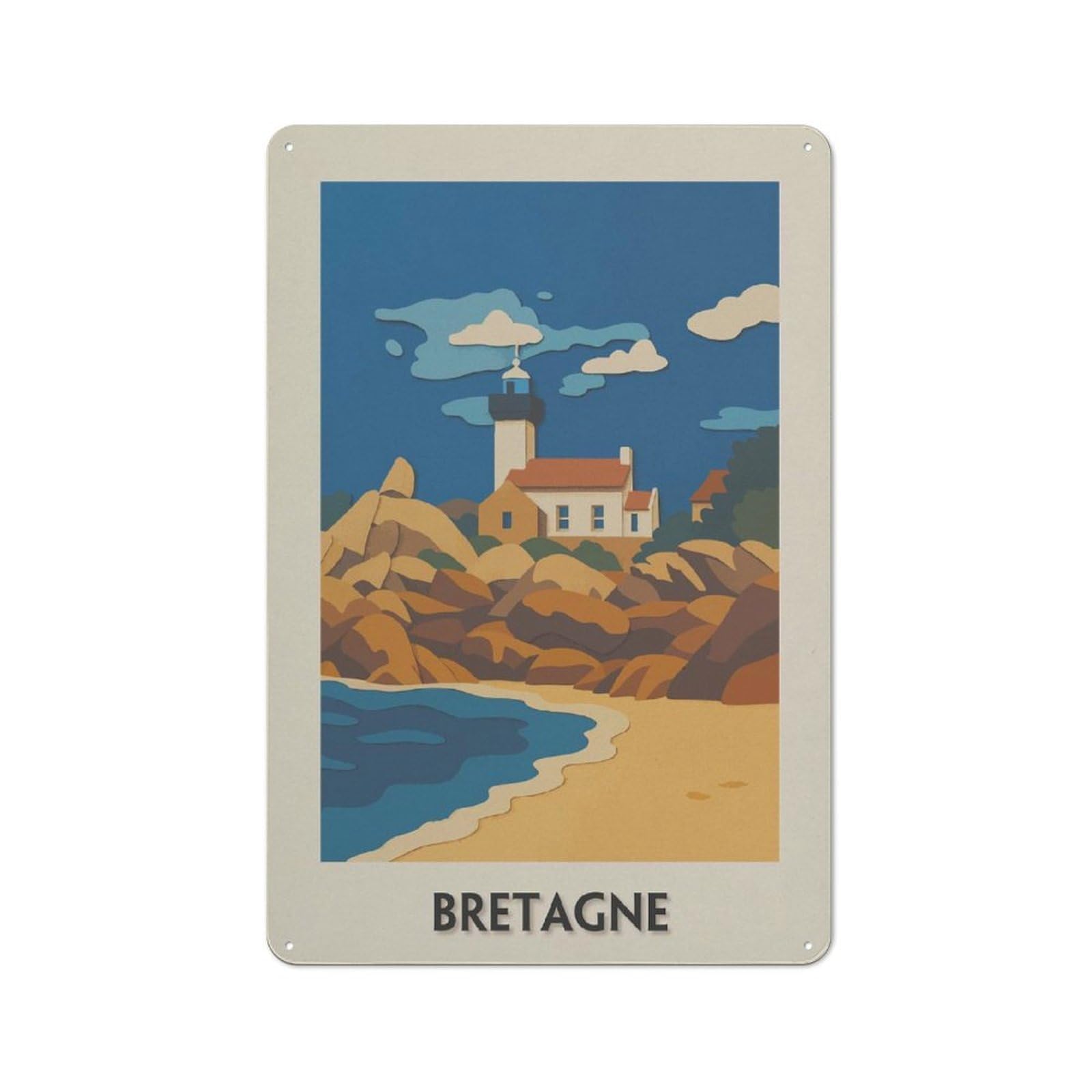 Junmoney Style-8 For Home Office Or Studio, Bretagne Coastal Landscape With Lighthouse Vintage Tin Sign 30X20cm, Tin Sign Wall Decor For Home Offices And Studios