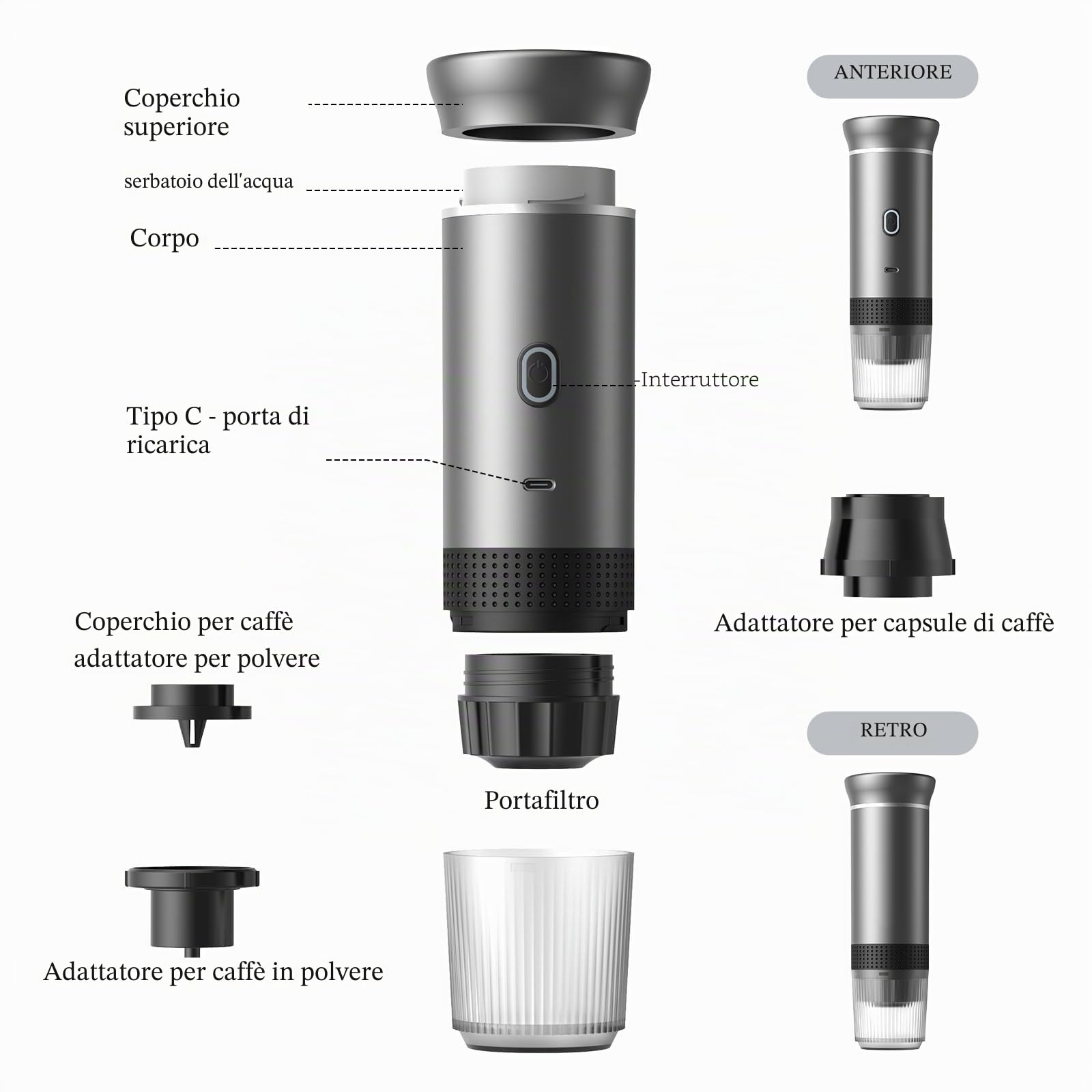 Vunzo Macina Caffe' Elettrico Portatile Macchina caffè capsule auto-riscaldamento con USB-C, Macchina Da Caffè Portatile Capsule, Caffettiera Portatile, Caffettiera da Viaggio Per il Campeggio