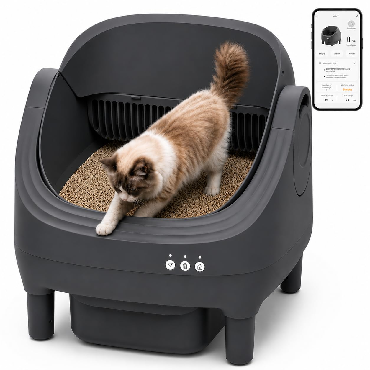 KITPLUS Self Cleaning Cat Litter Box with APP Control, Open Top Automatic Cat Litter Tray for Large Cats, 10L Waste Bin, Up to 14 Days Hands-Free Cleaning, Quiet Operation, Safety Sensors