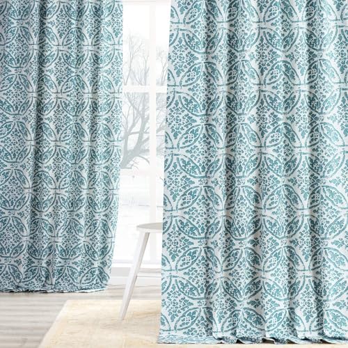 Image of HPD Half Price Drapes Printed Geometric Floral Curtains 96 Inches Long Luxury Cotton Curtain (1 Panel) Room Darkening Window Curtains for Bedroom & Living Room, 50W x 96L, Geometric Floral Aqua
