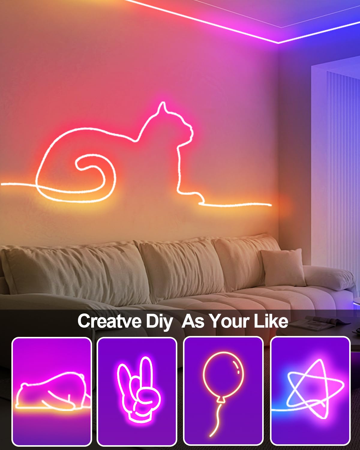 Inteligentne neonowe światła linowe USB, 16,4 m, RGB, LED, zmieniające się kolory, ze sterowaniem aplikacją, wodoodporne taśmy neonowe, wodoodporne, DIY, elastyczna synchronizacja muzyki do pokoju