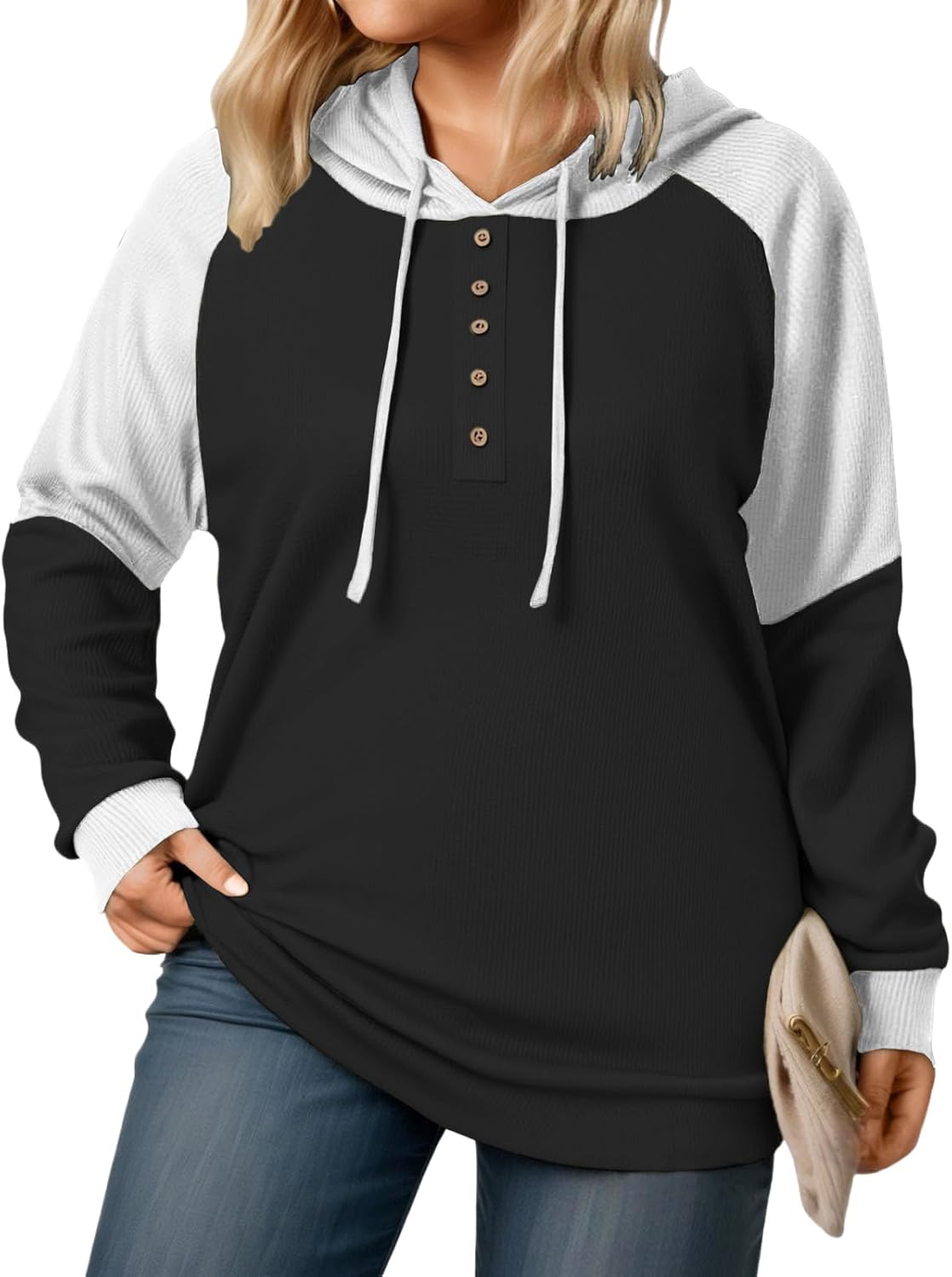 VISLILY Plus-Size-Hoodies for Women Trendy Color Block Tops Raglan Long Sleeve Drawstring Button Hooded Waffle Sweatshirts