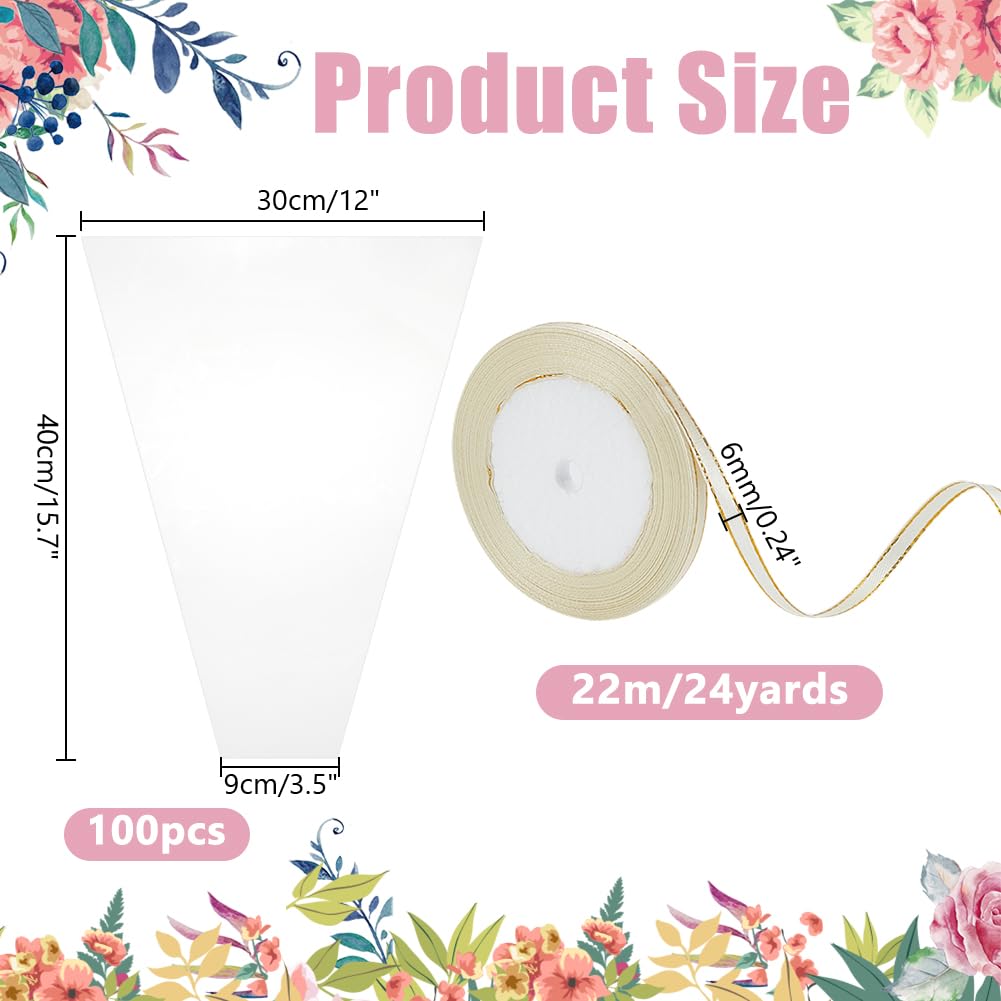 arricraft 100 Pcs Clear Flower Bags for Bouquets, Trapezoid Plastic Bouquet Bags with 22m Ribbons Floral Wrapping Bag Flower Sleeves for Wedding Mother's Day Florist Packaging Supplies 16x12Inch