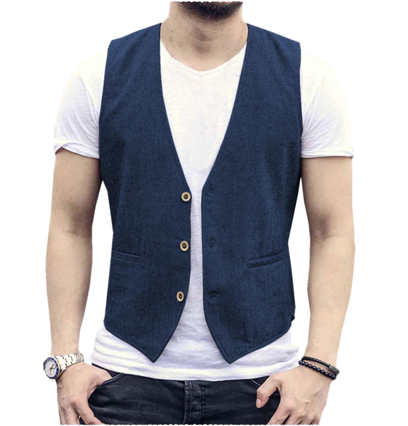 AeoTeokey Gilet estivo da uomo in lino, dallo stile casual e con taglio dritto