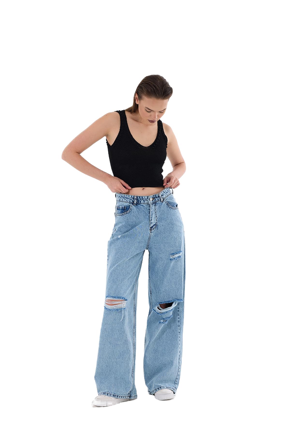 YÜKSEK BEL YIRTMAÇLI WIDE-LEG JEAN