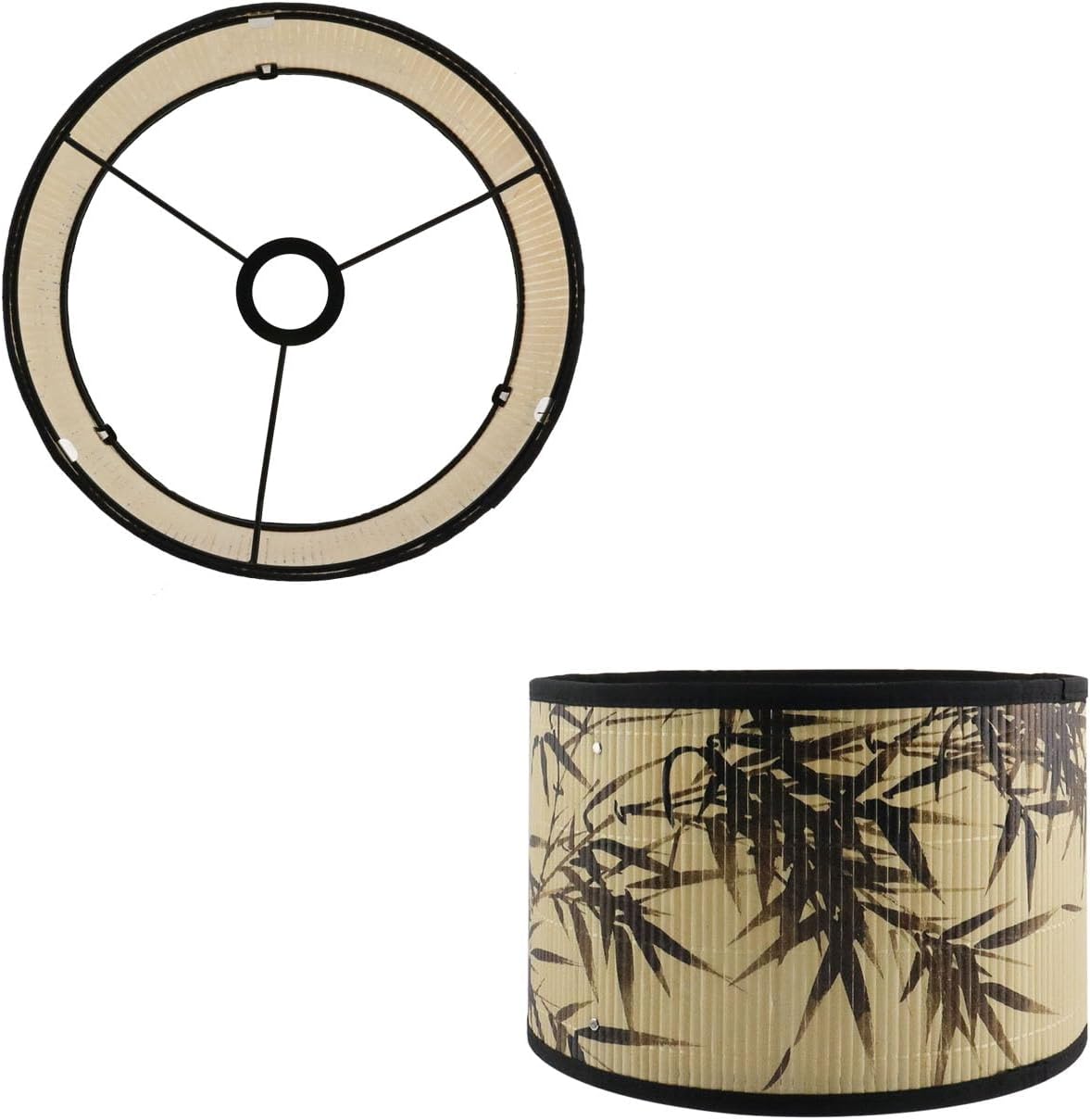 Crapyt E27 Round Removable Lamp Shades, 11.8" × 11.8" × 7.87" Wood Lampshade with Plant and Bird Print, Ink-wash Painting Pattern for Table/Floor/Ceiling/Wall Lamp，Pattern 4