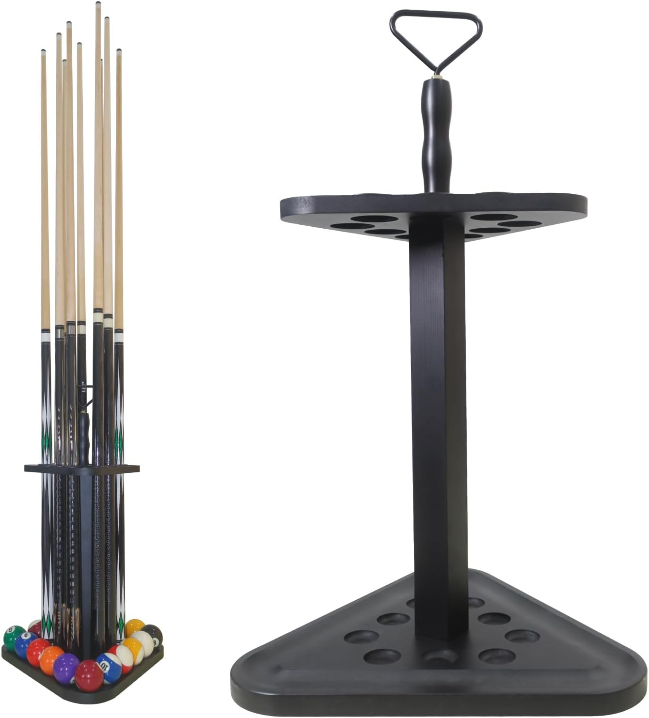 Pool Cue Rack Floor Stand | Wood Billiard Stick Holder & Game Room Organizer | Holds 9 Cues, Full Ball Set & Accessories | Classic Triangle Design for Stability & Style | Easy Assembly