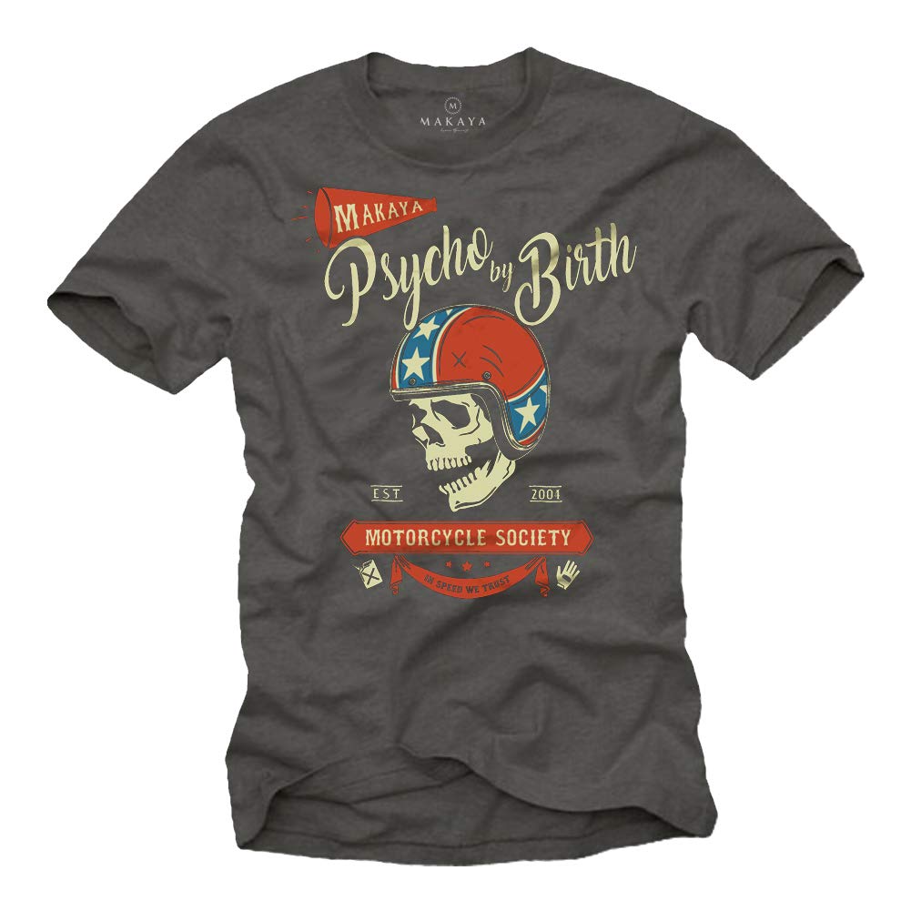MAKAYA Funny Biker T Shirt - Psycho by Birth - Motorbike Accessories for Men Grey XXXXL