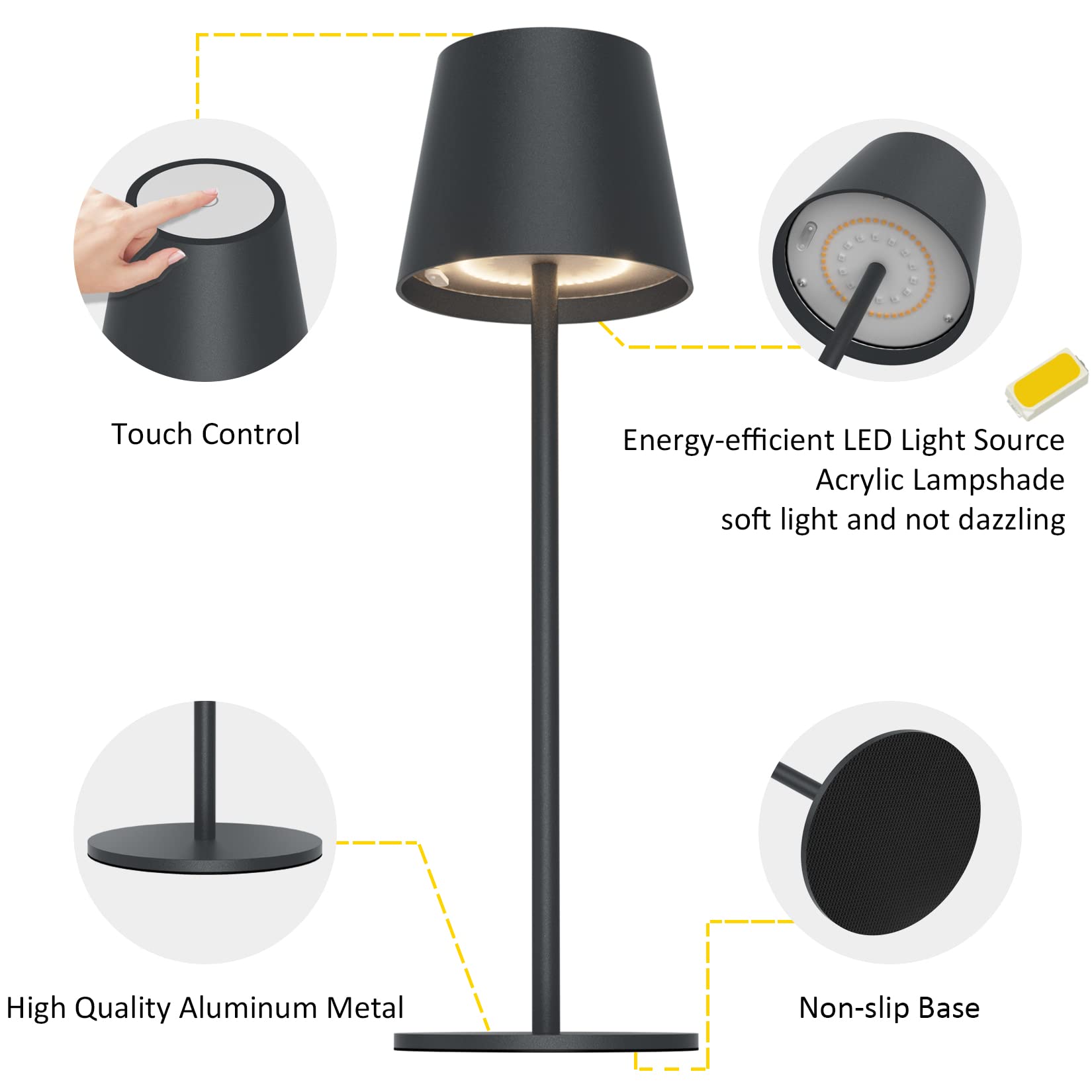 K-Bright 2 pezzi Dimmerabile LED Lampada da tavolo senza fili, Ricaricabile Luce calda Colore e Dimmerazione RGB Impermeabile IP54, scrivania Illuminazione per interni per esterni Antracite