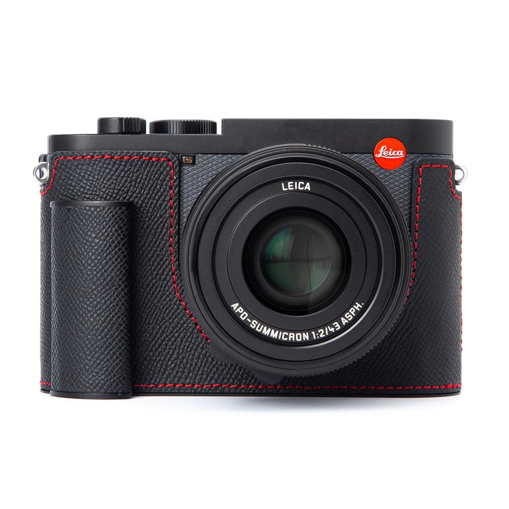 Q3 Vintage Genuine Leather Camera Case Handmade Half-Wrap Camera Protector with Aluminum Baseplate for Leica Q3 43 (Black - PalmSwell Texture Red Line)