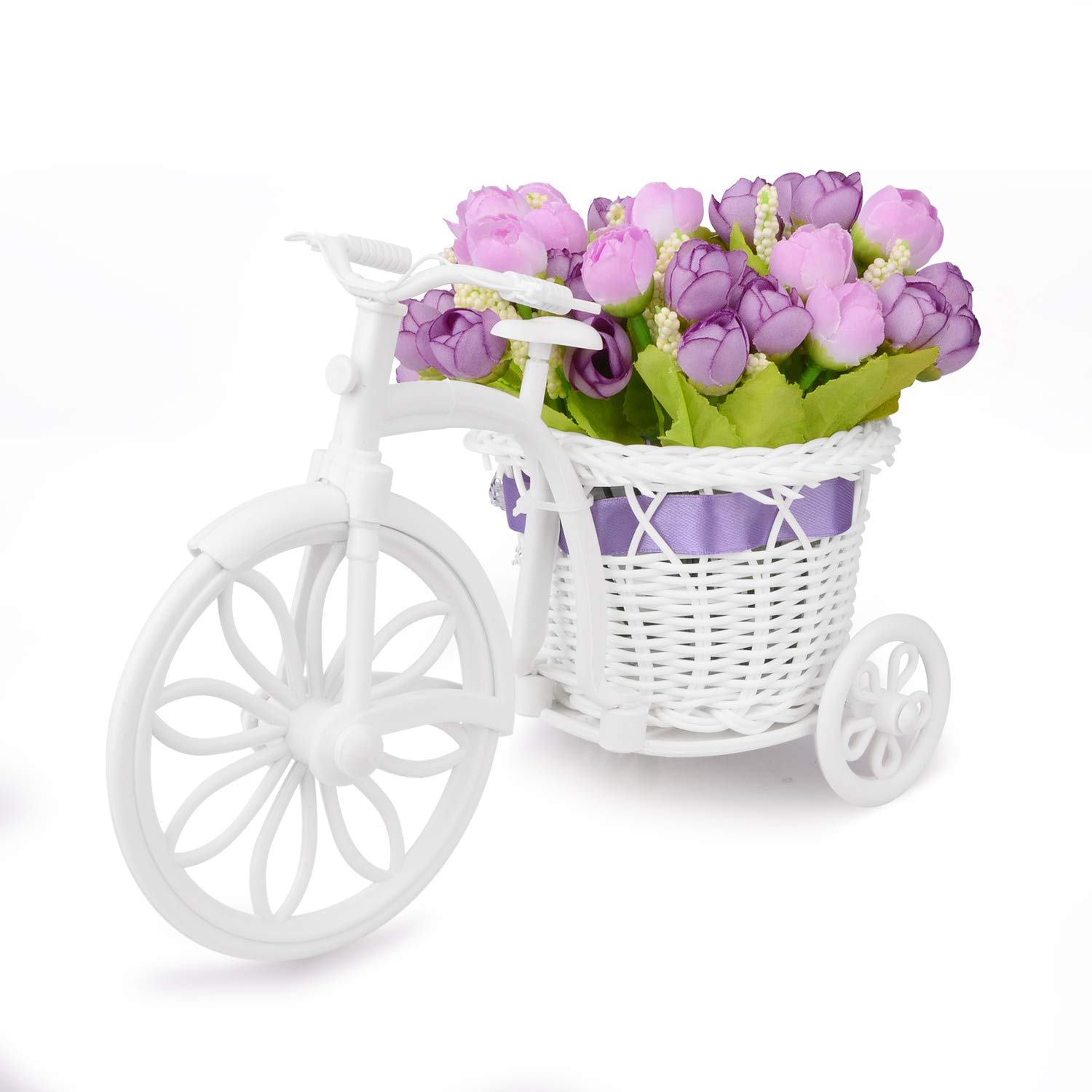 Takefuns Artificial Flower Pot Antique Bike Flower Pot with Basket for Home Wedding Decor, Plastic, Purple, Small