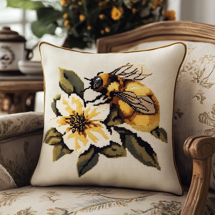 Wallphantom Animal Cross Stitch Cushion Covers Kits,bee on Flower,Embroidery Kit Printed Tapestry Canvas 11Ct Cushion for Creative Home Decor,45x45cm