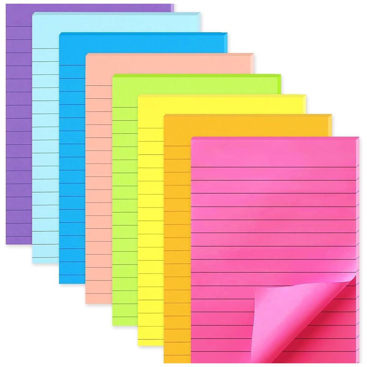 Lined Sticky Notes, Colorful Ruled Post Stickies, Self Stick Striped Reminder Pad, Bright Colours Peel-Off Notes, Sticky Notepads for Office, School and Home Uses - 8 Pads