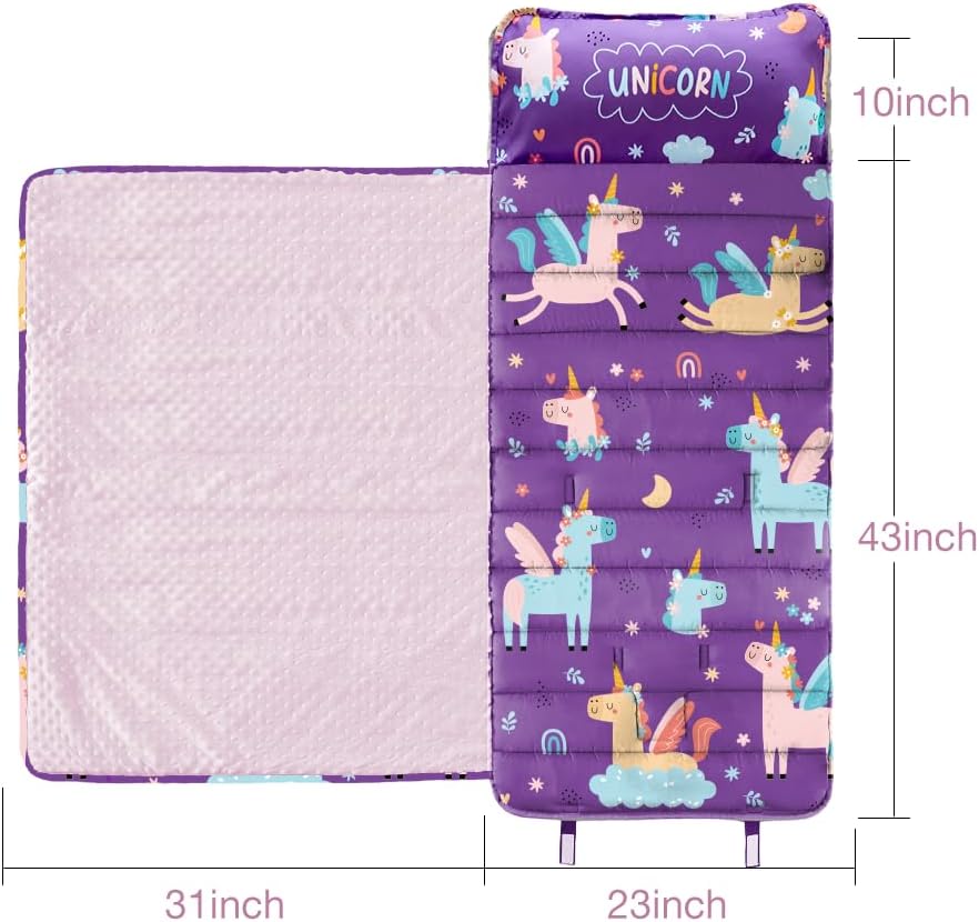 beeweed Toddler Nap Mat, Rollup Design Kid Sleeping Mat with Removable Pillow & Minky Blanket, Toddler Sleeping Bag for Daycare Preschool Travel Camping