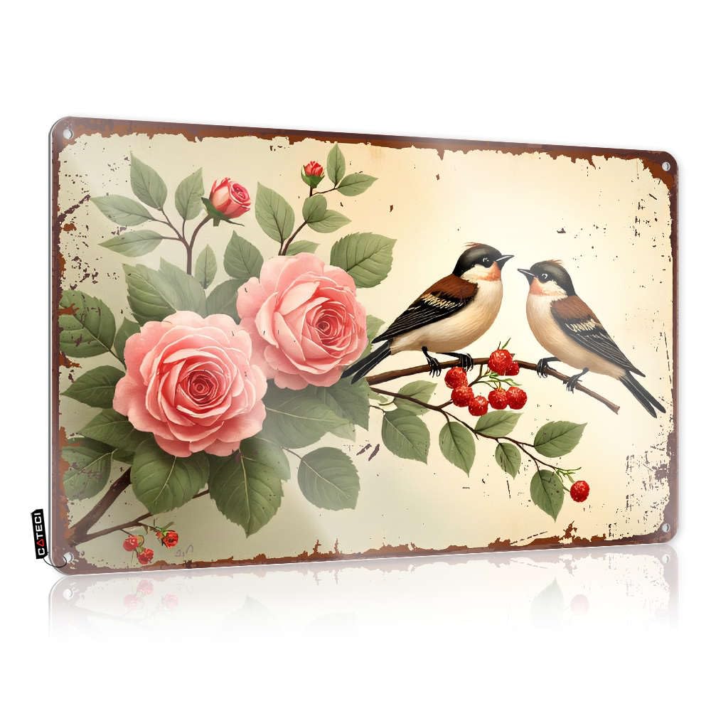 Wall Stuff Art | Two Birds Perched On A Branch With Roses. Industrial Decorative Wall Art Ready To Hang For Balcony(30X40CM)