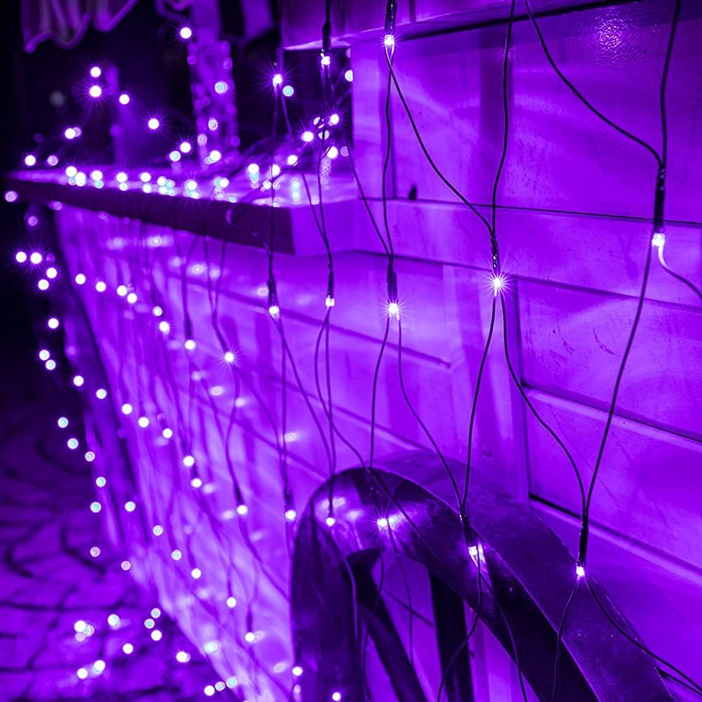 iBaycon Purple Halloween Net Lights, 200 LED 7ft × 5ft Connectable 8 Modes with Timer Low Voltage Bush Mesh Netting Lights for Trees, Bushes Halloween Decorations(Green Wire, Purple