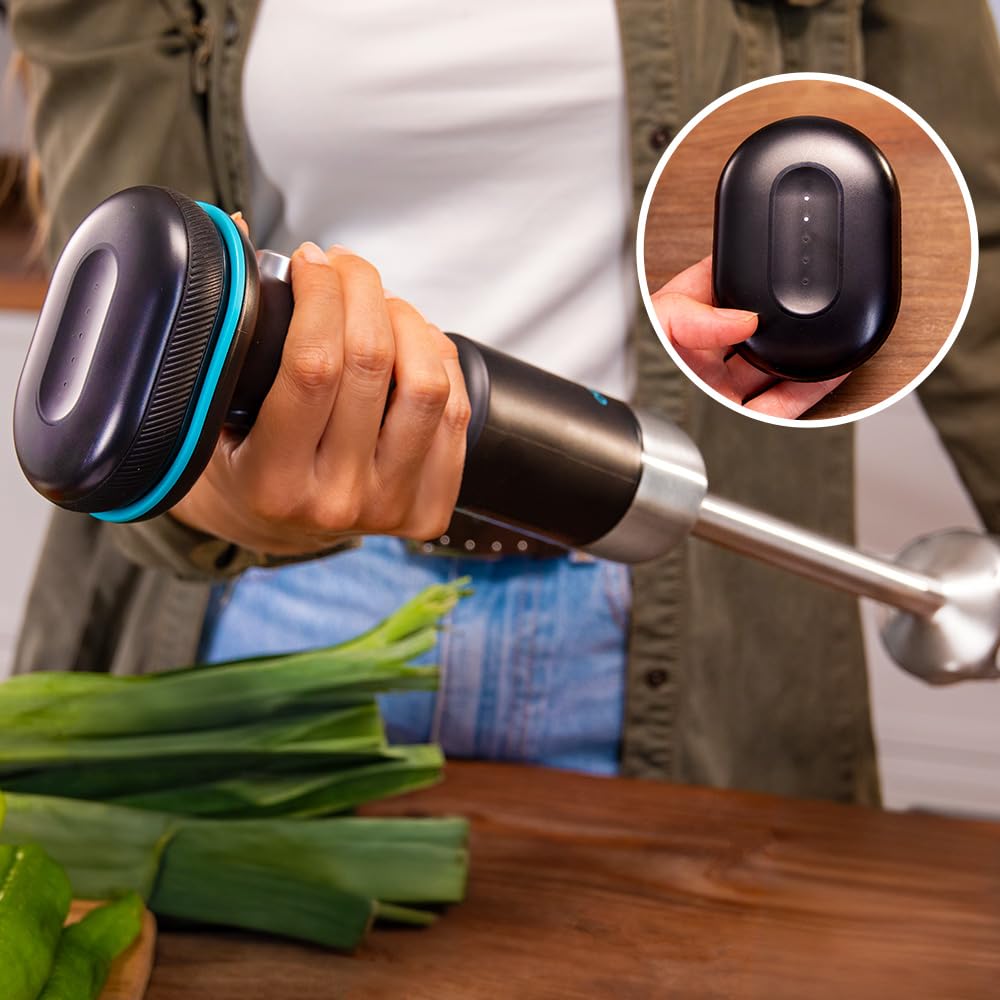 Cecotec Frullatori a Mano Portatile BlendGo Hand. Motore DC 180W, Batteria con Carica 2h, 30min Uso, Indicatore Batteria, Temp 60-96ºC, Velocità 6500-13000 RPM, Accessori Versatili, Pulsante Sicurezza