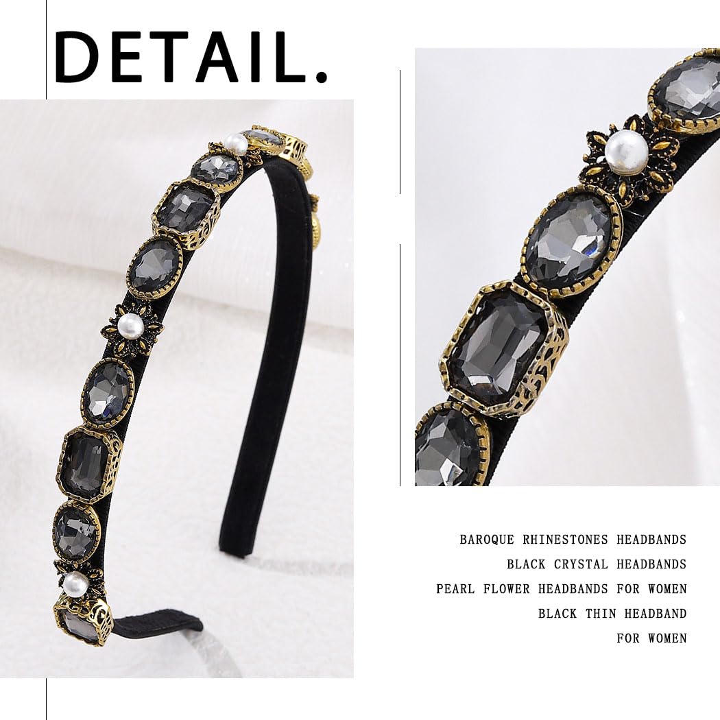 Baroque Rhinestones Headband Bling Crystal Head Bands Black Thin Pearl Hairbands for Women - Image 4