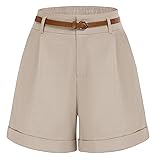 Belle Poque Women Bermuda Shorts Elastic Waist Wide Leg Shorts with Pockets & Belts Light Grey Small