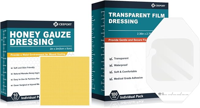 Ceeport Manuka Honey Gauze Dressing2" x 2" 10pcs+Transparent Film Dressing 2.36" x 2.75" 100Pcs