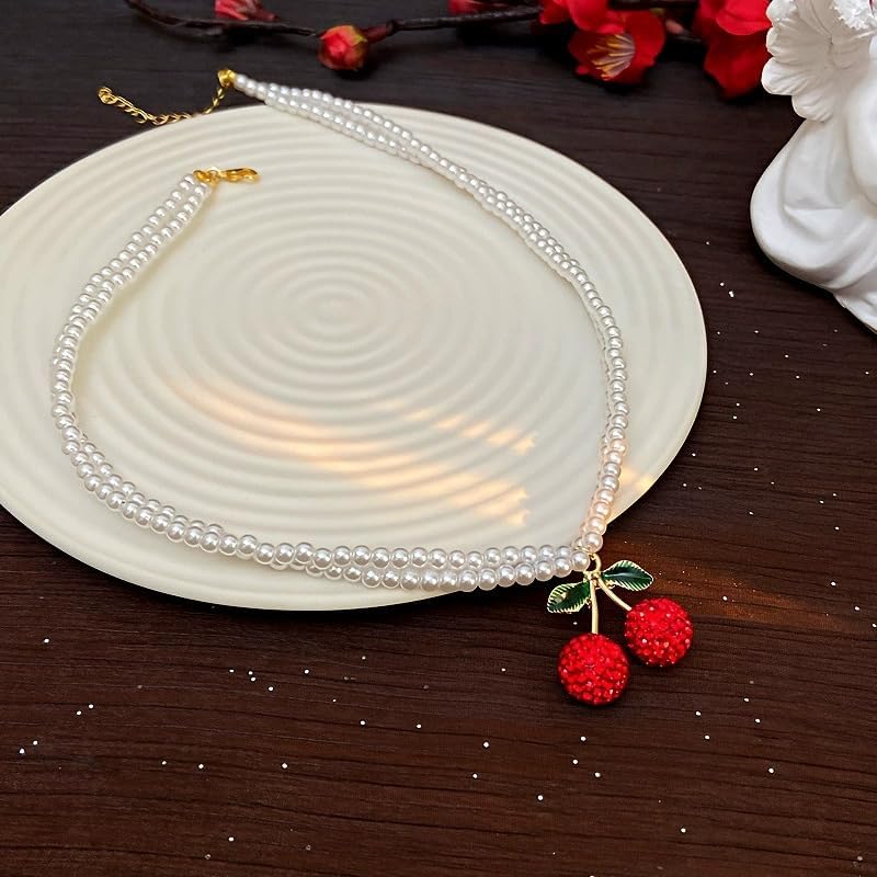 Sweet Cute Cherry Pearl Choker Necklace for Women Gold-Tone Plated Adjustable Beads Chain Exquisite CZ Fruit Pendant Layered Clavicle Necklaces Boho Handmade Charm Y2k Jewelry for Girlfriend Her - Image 4