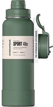 Hydrapeak 40oz Sport Insulated Water Bottle with Straw & Chug Lid, Leak & Spill Proof, Keeps Drinks Cold for 24 Hours, Premium Stainless Steel Sage Leaf
