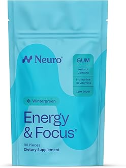 Neuro Energy & Focus Gum - 40mg Natural Caffeine Gum & Nootropic Energy Supplement with L-Theanine & B Vitamins - Sugar Free, Vegan - Wintergreen, 90ct
