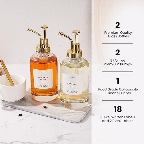 Miniatura 5 de Molimoli Dispensador de jarabe para barras de café, botella de jarabe de vidrio con bomba, 16.9 oz 16.9 fl oz, juego de 2, dispensador mejorado