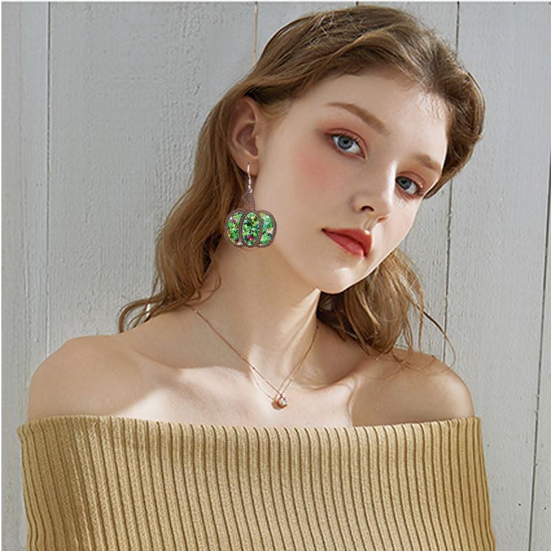 ONLYJUMP Thanksgiving Retro Colorful Print Pumpkin Wooden Earrings For Women Lightweight Handmade Fall Earrings Thanksgiving Glitter Sequin Pumpkin Drop Earrings Fun Thanksgiving Jewelry - Image 4