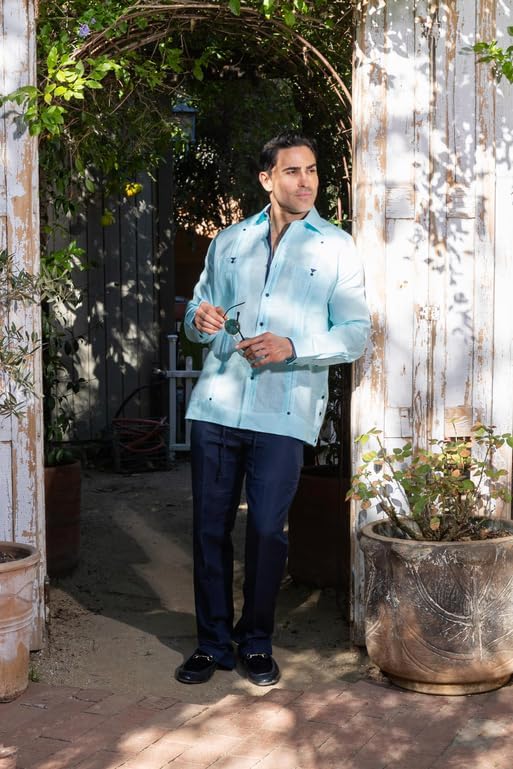 Mojito Collection Men's 100% Linen Guayabera Shirt Long Sleeve with Print Trim Accent - Image 4