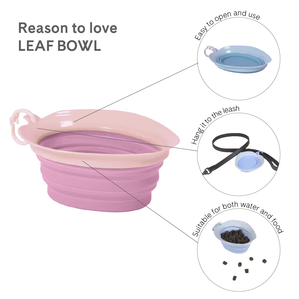 United Pets Leaf Bowl Design Travel Bowl for Dogs Collapsible and Takeaway, Made of Non-Toxic Silicone, Pink, One Size - Image 2