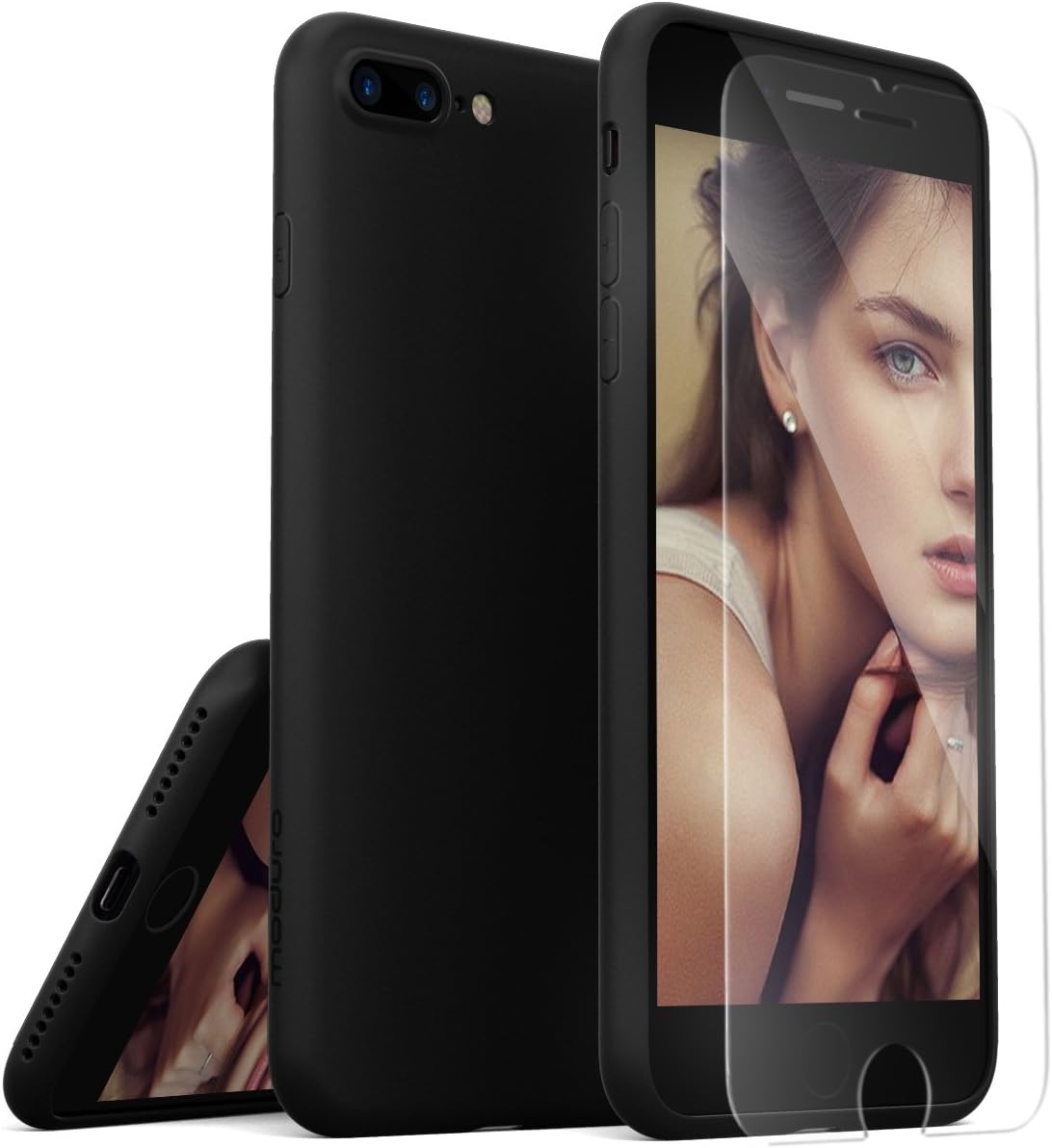 [2 in 1] iPhone 8 Plus Case / iPhone 7 Plus Case with Tempered Glass Screen Protector, Moduro [MINIMALIST SERIES] Full Coverage Ultra Thin [1.0mm] Slim Fit Flexible TPU Case (Matte Black)