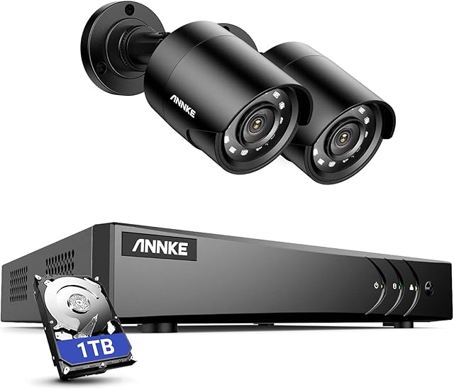 ANNKE E200 5MP CCTV Camera System, 4 Channel 2K Surveillance DVR with 2x 1080p Outdoor Bullet Cameras and 1TB Hard Drive, Guard Your Home & Business 24/7