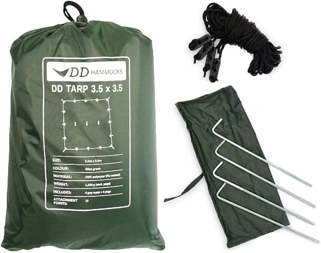 DD Hammocks - DD Tarp 3.5 x 3.5 - Olive Green - Fully Waterproof Lightweight Tarp Shelter For Outdoor Hammock Camping And Bushcraft