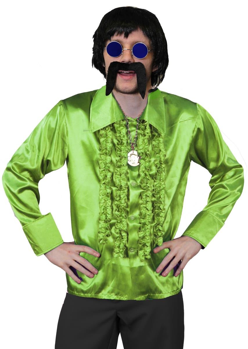 Mens 70s Disco Fancy Dress Costume, Mens Short Black Wig, Green Disco Shirt, Gold Medallion