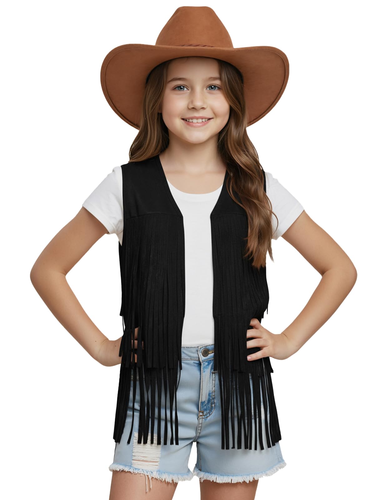 Spring&Gege Gilet à franges en faux cuir sauvage pour fille - Style hippie cowgirl western, sans manches