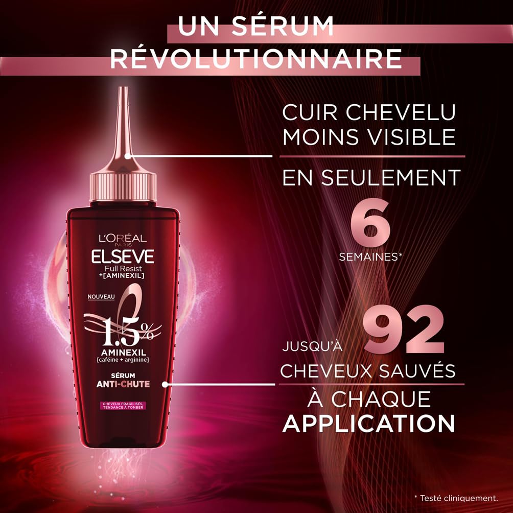 L'Oréal Paris - la Cure Anti-Chute Full Resist - Aminexil + Caféine + Arginine - Sérum - Pour Cheveux Fragiles, Perte de Cheveux - Longueurs Renforcées, Cuir Chevelu Moins Visible - Elsève - Lot de 3