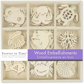 Mini Laser Cuts Wood Shape - Sea Life Turtle, Octopus, Crab, Seashell, and More - 45 Pieces - 1 Across