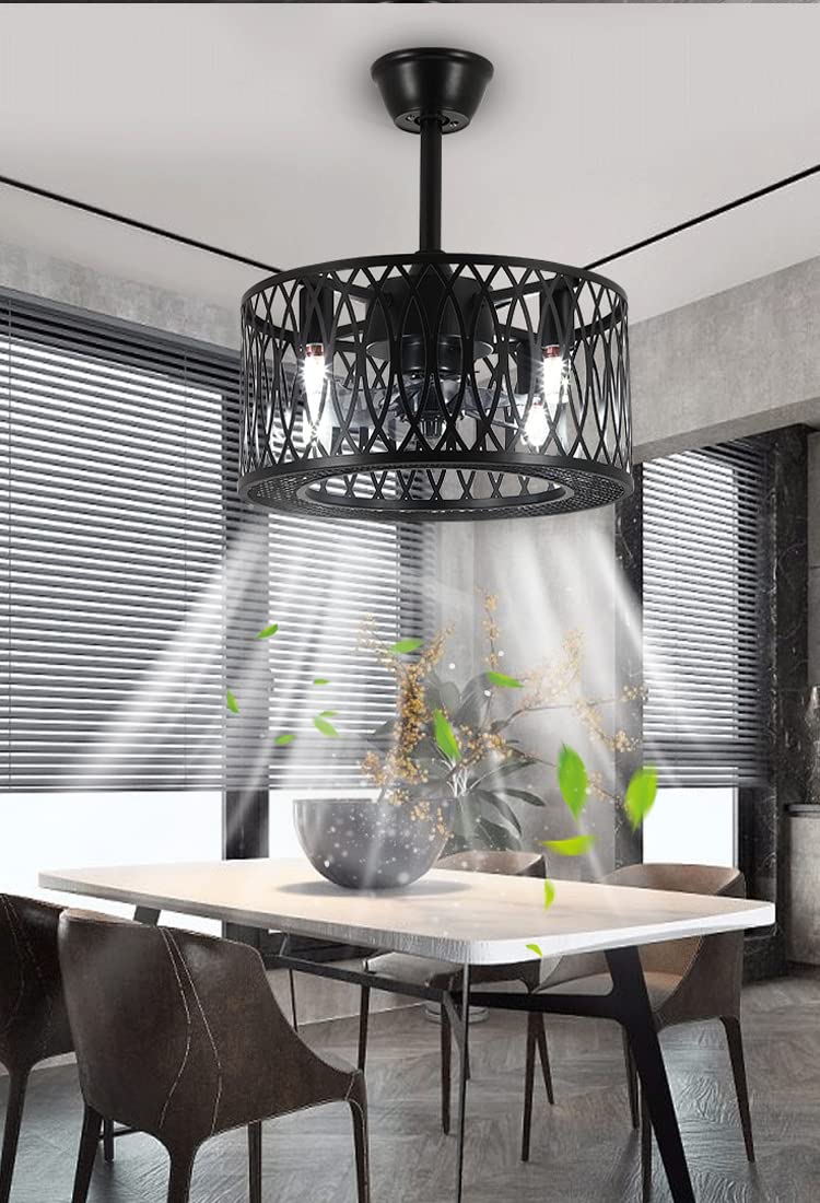 KZT Fan Plafoniera silenzioso Ventilatore da soffitto con luce e telecomando Retrò gabbia in metallo Lampadario industriale Lampada da soffitto per camera da letto soggiorno Ristorante illuminazione