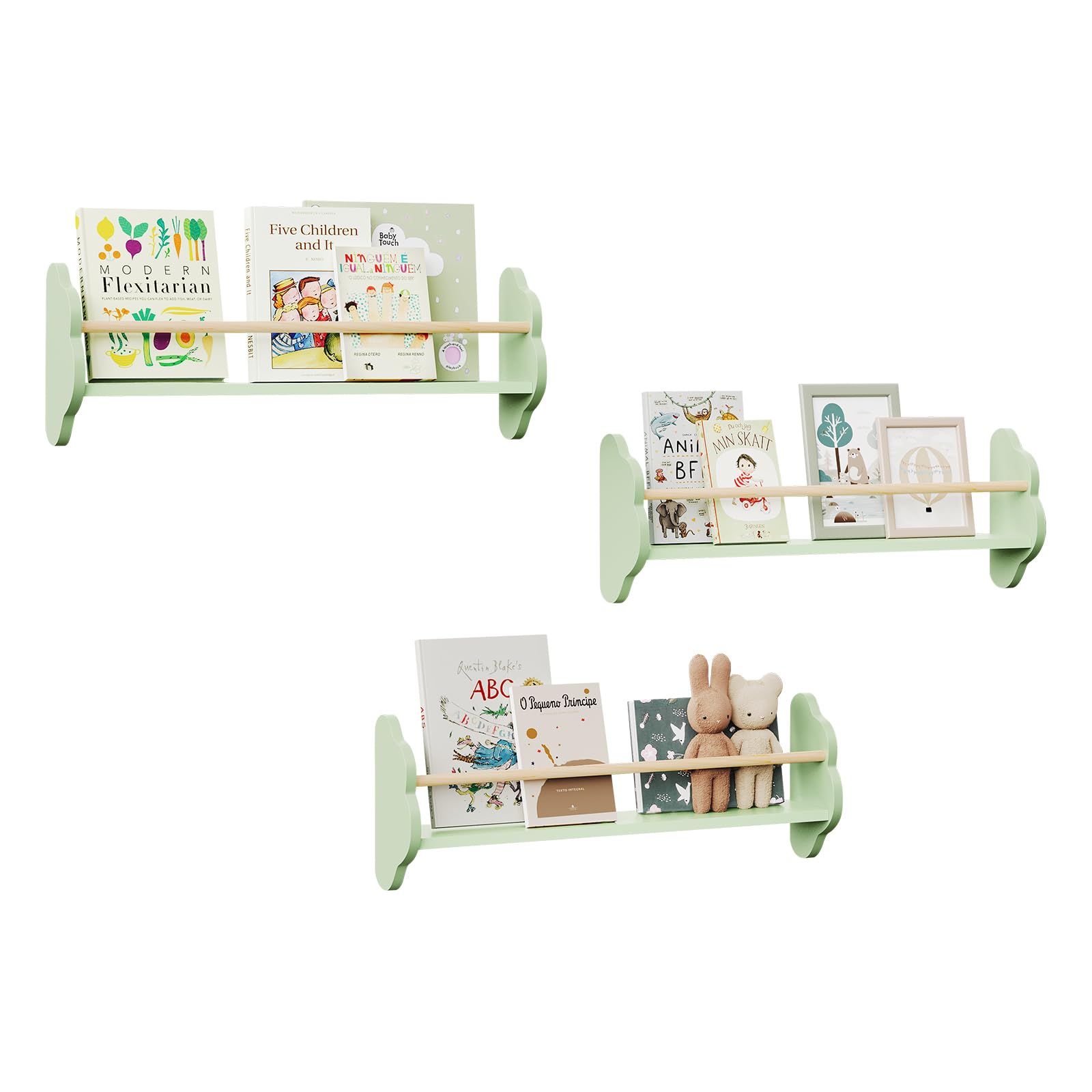 WOLTU Bücherregal Kinder Wand 3er Set, Wandregal Kinderzimmer, Kinderregal für Buchaufbewahrung, aus Kiefernholz MDF, für Kinderzimmer Spielzimmer, Grün