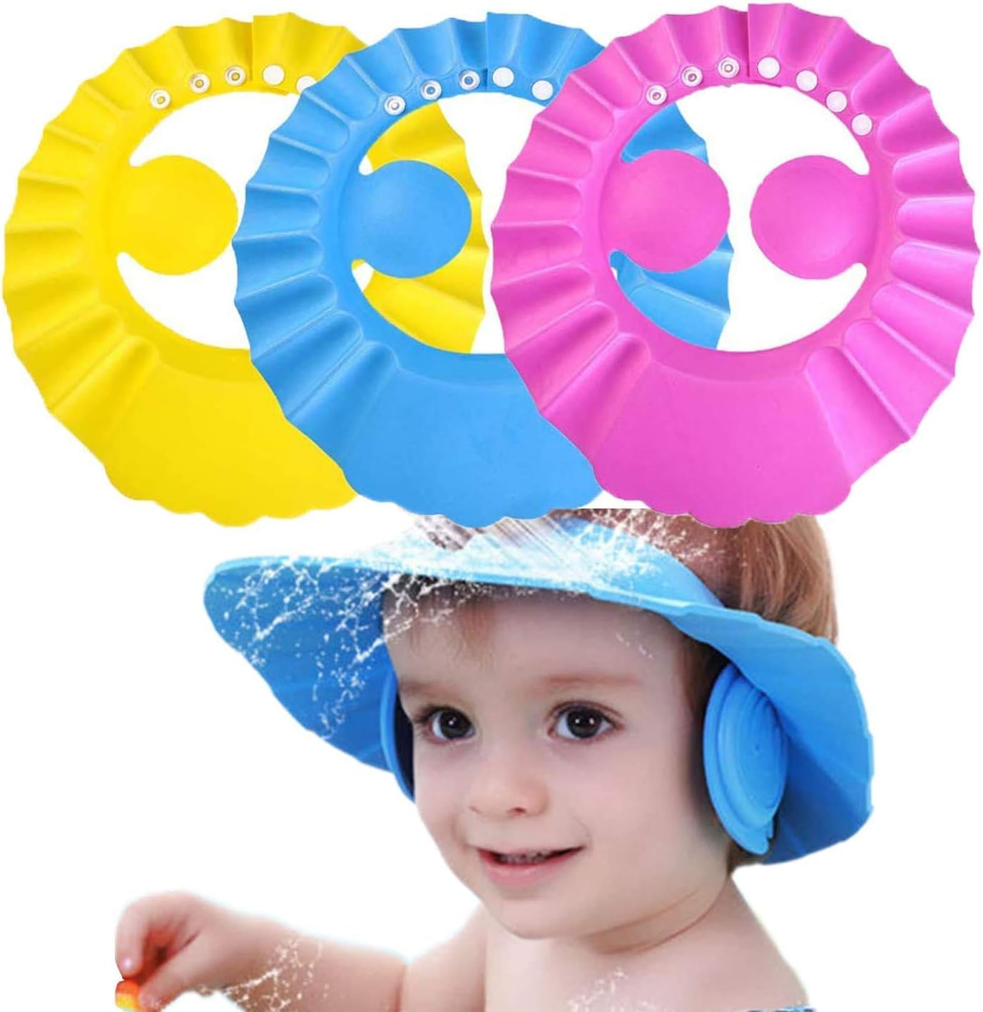 IFAN® Shower Cap for Baby with Ear Shield Cover Sun Cap Hairs Cutting Cap for Baby Made of Soft and Healthy Material Adjustable Strap Visor Bath Cap for Kids Toddler Children (YELLOW/PINK) (YELLOW)