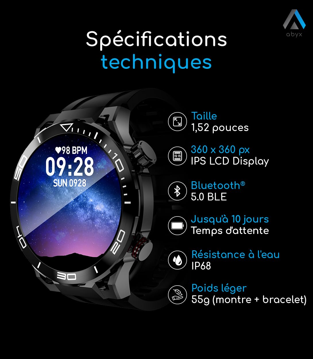 Abyx Fit Saturn 4 - Montre Connectée Homme avec 1,52'' / 330mAh Batterie/Smartwatch Homme avec 120+ Modes Sportifs, 24/7 Moniteur de Fréquence Cardiaque et Sommeil,IP68 Étanche pour Android iOS